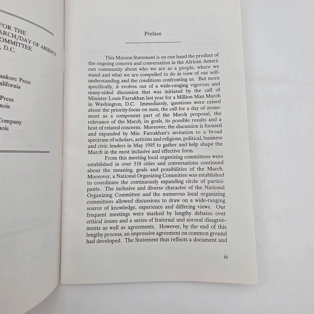 The Million Man March Day of Absence 1995 Mission Statement Publication